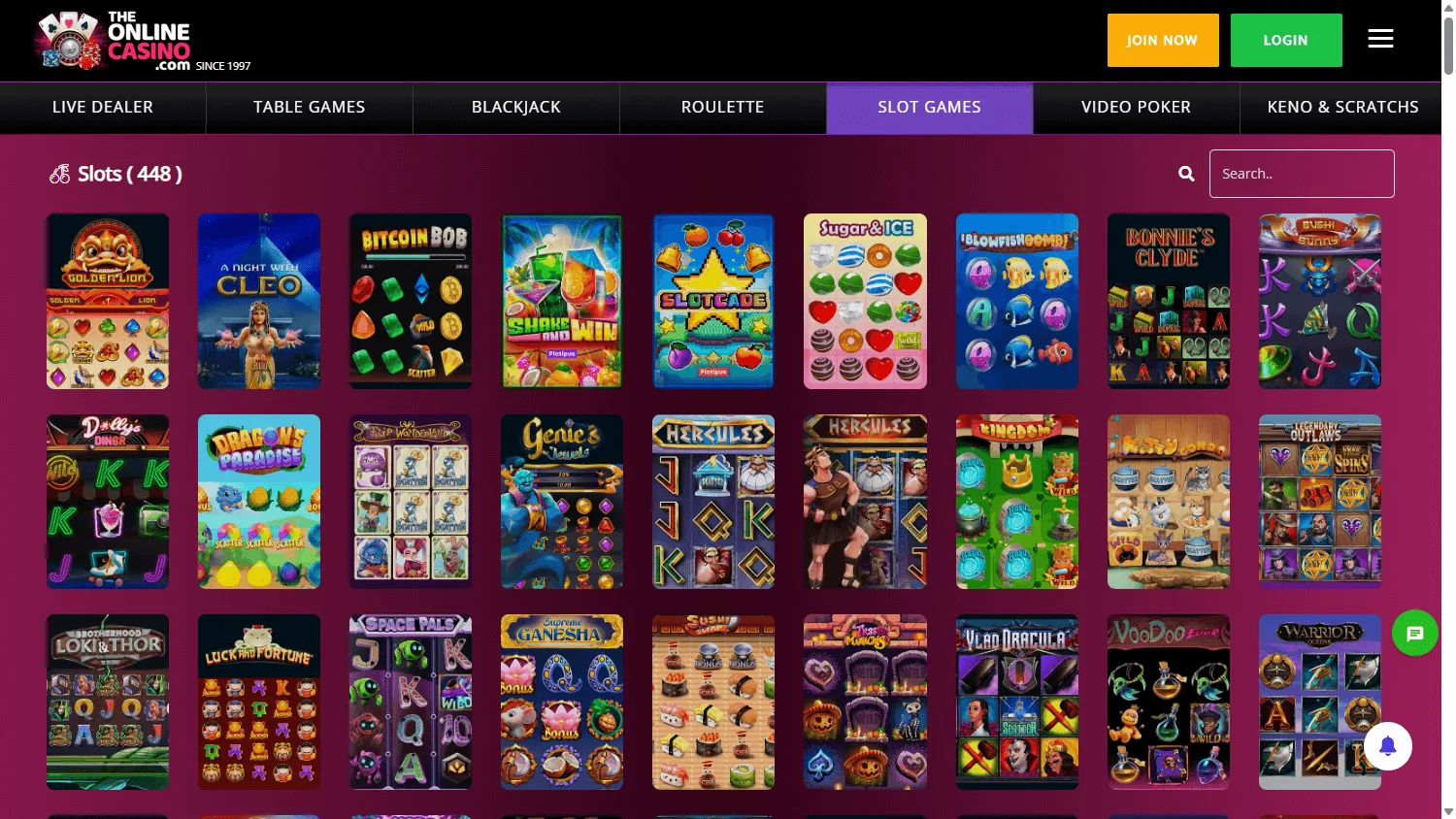 88 Casino desktop games area with casino categories and game choices