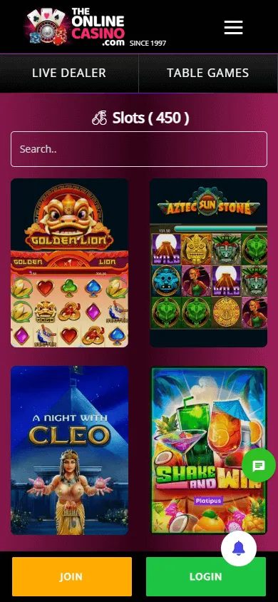88 Casino mobile games area with slots, table games and live casino options