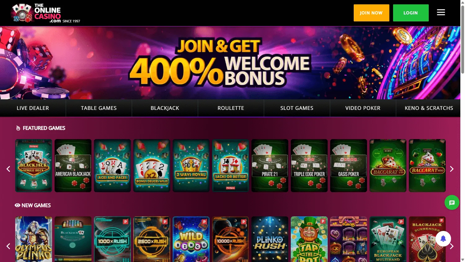 88 Casino desktop home interface with casino options and account access