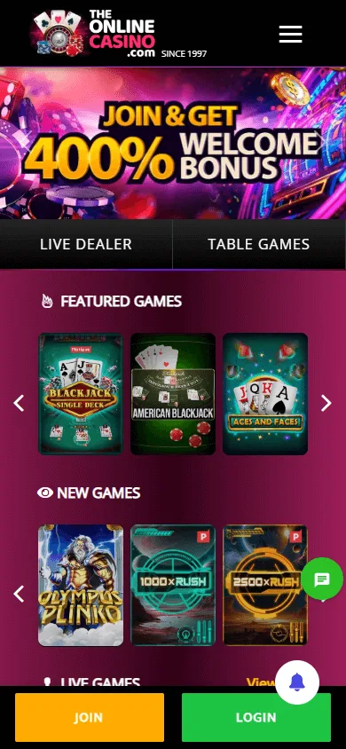 88 Casino mobile home interface with casino and account options